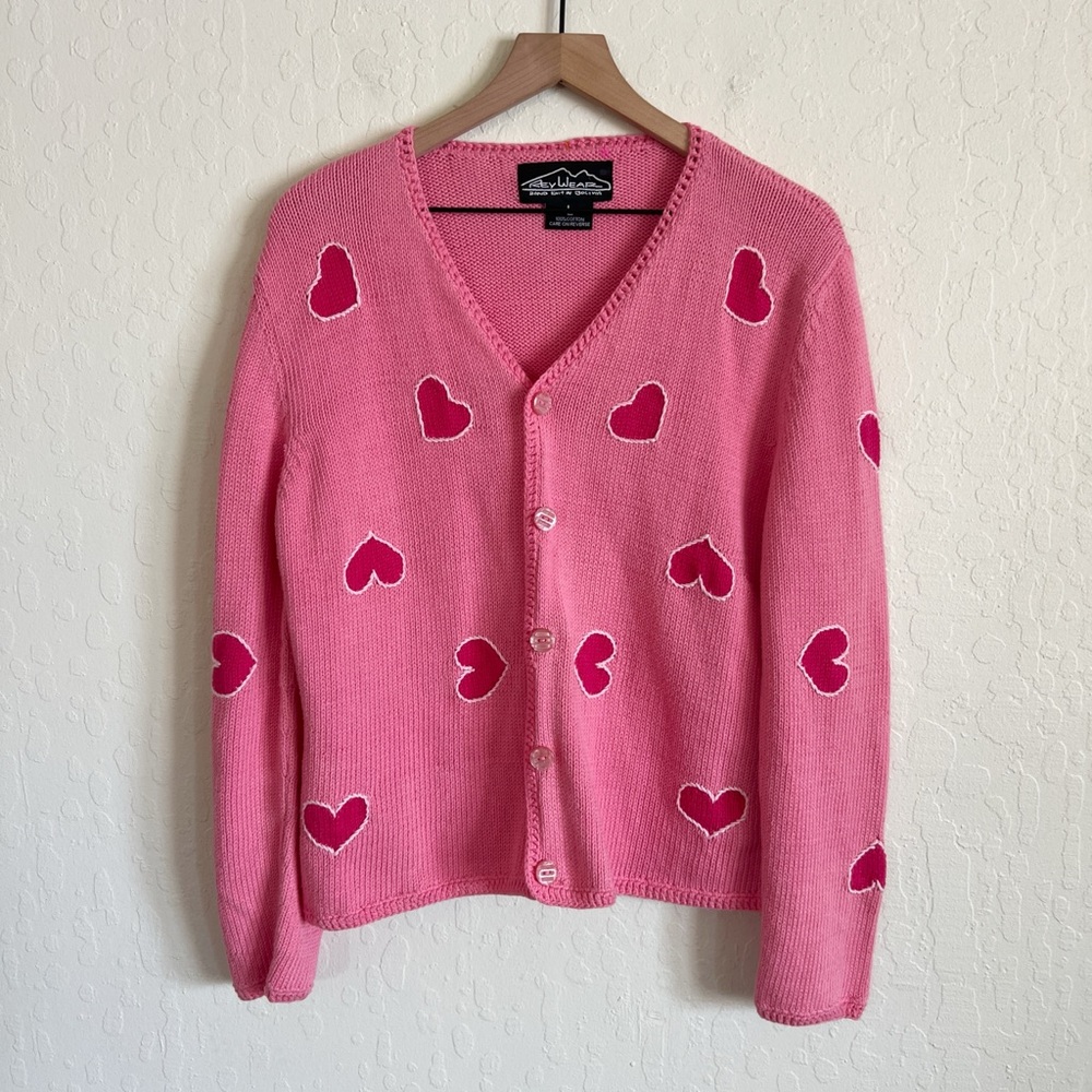 Vintage Rey Wear Cotton Hand Knit Heart Embroidered Button Front Cardigan Large